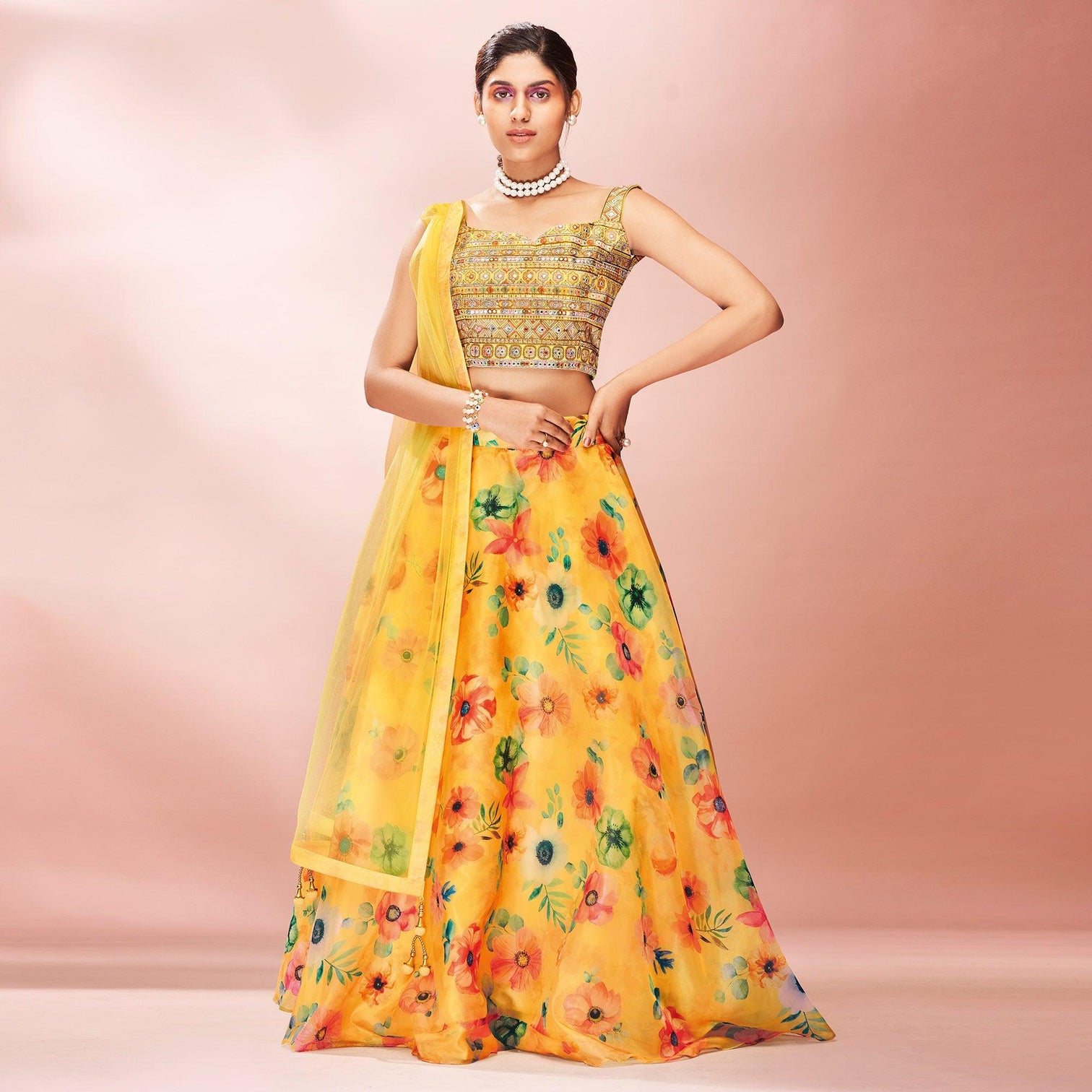 Yellow Embellished With Printed Organza Lehenga Choli