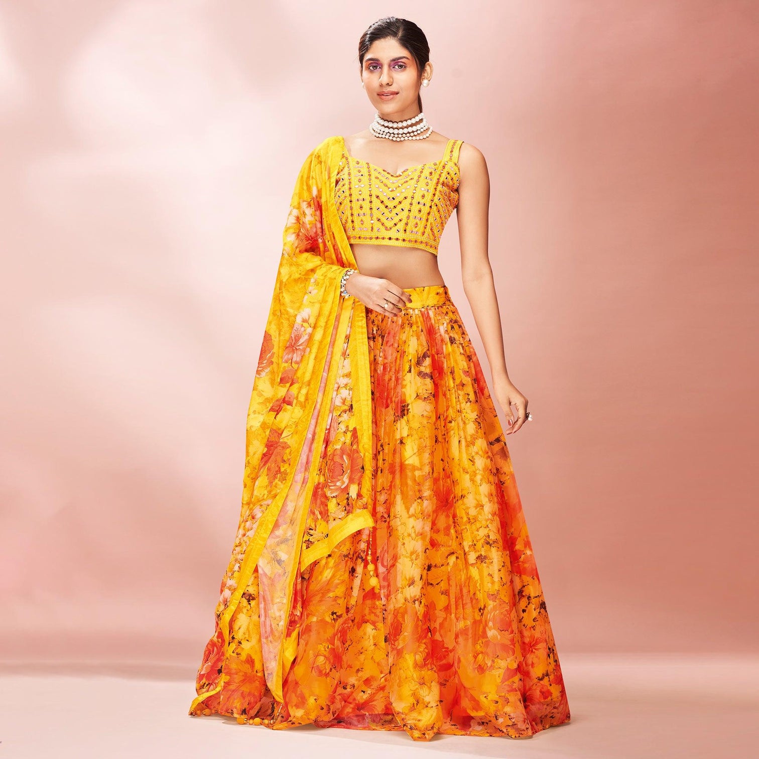 Yellow Embellished With Printed Organza Lehenga Choli