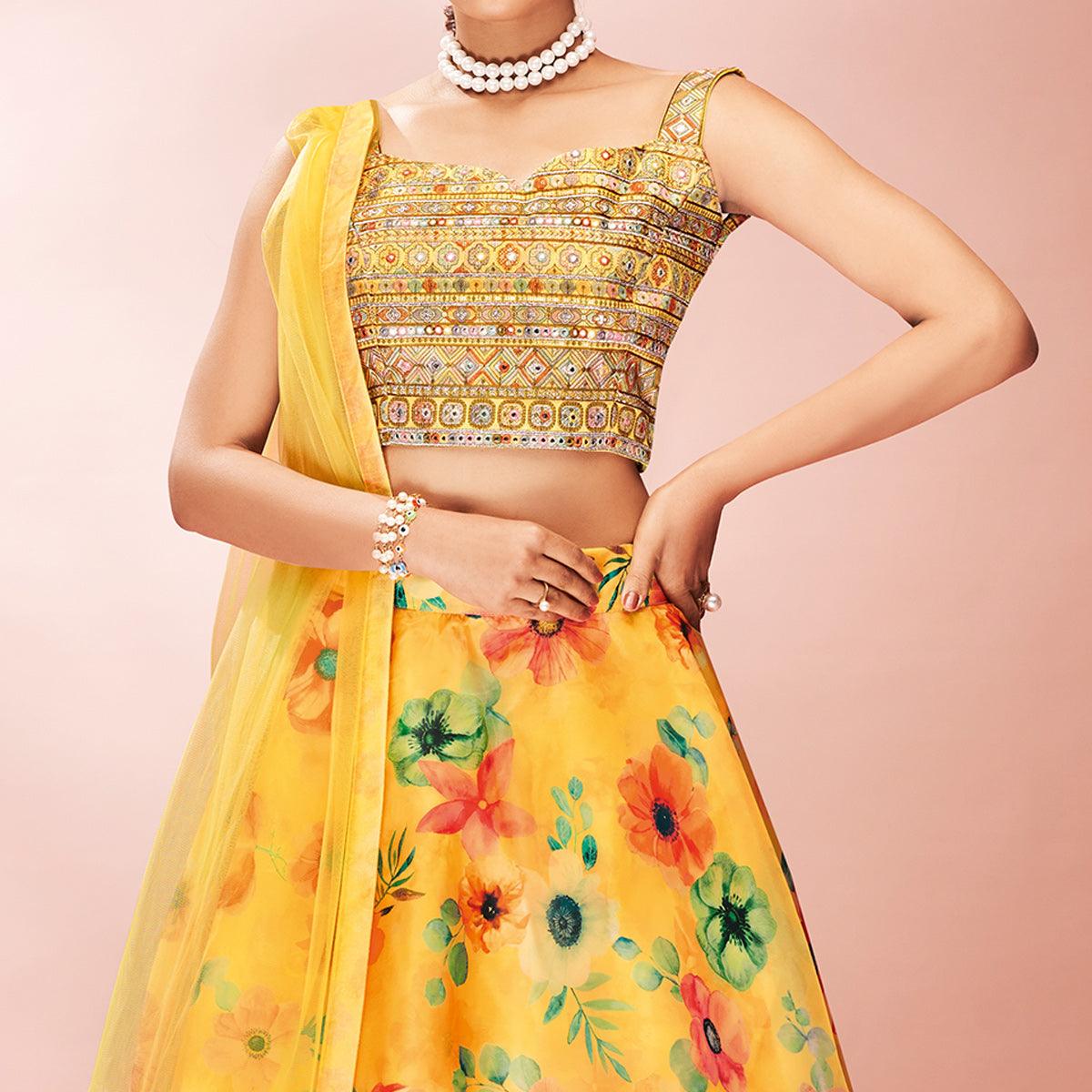 Yellow Embellished With Printed Organza Lehenga Choli