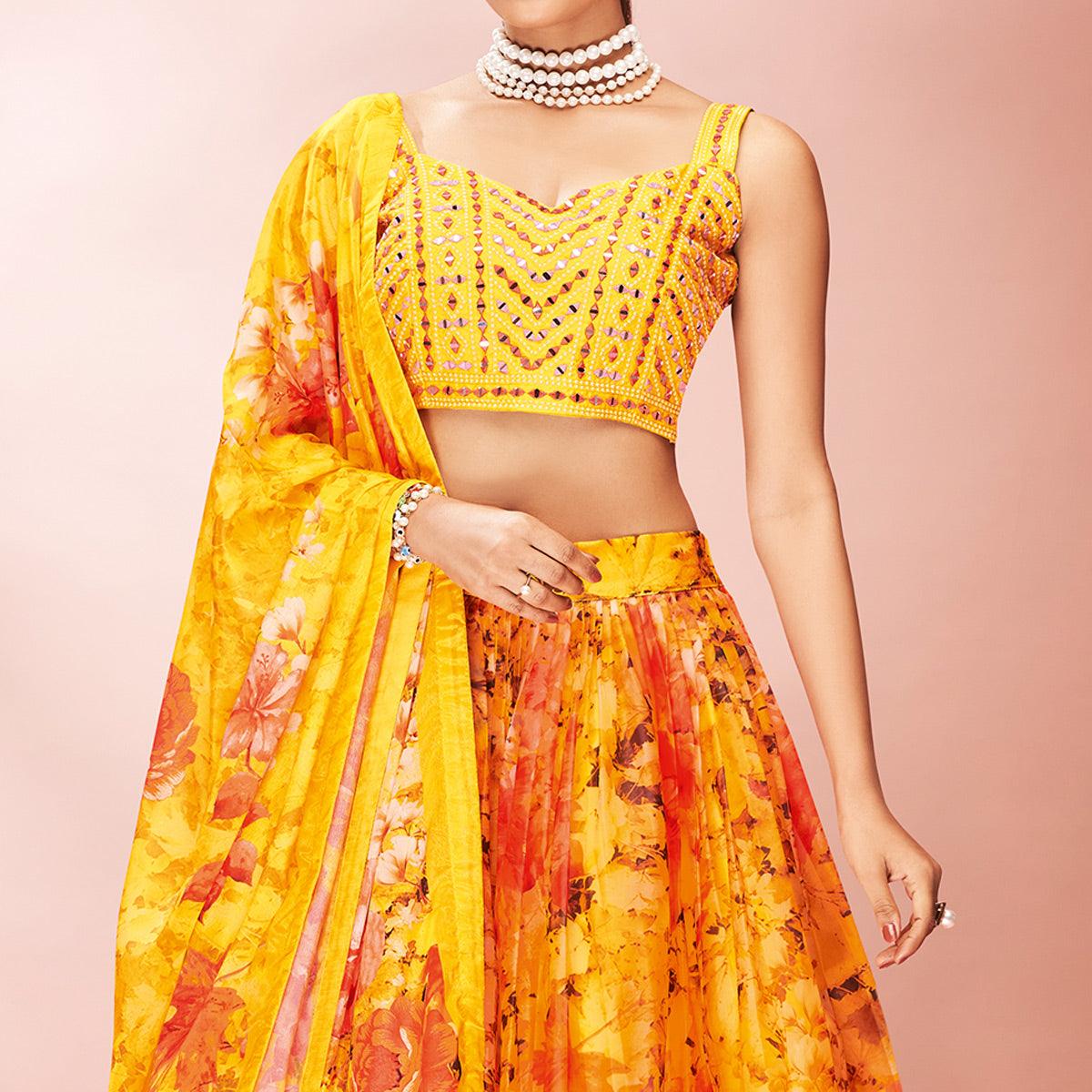 Yellow Embellished With Printed Organza Lehenga Choli
