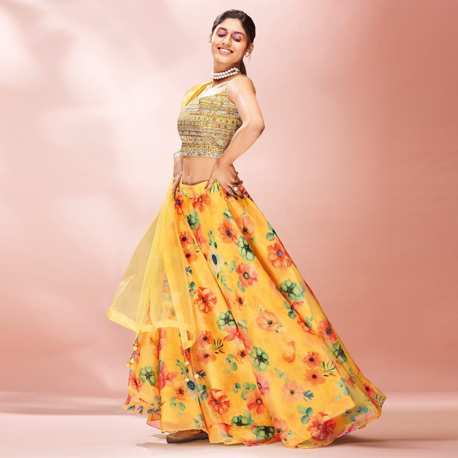 Yellow Embellished With Printed Organza Lehenga Choli