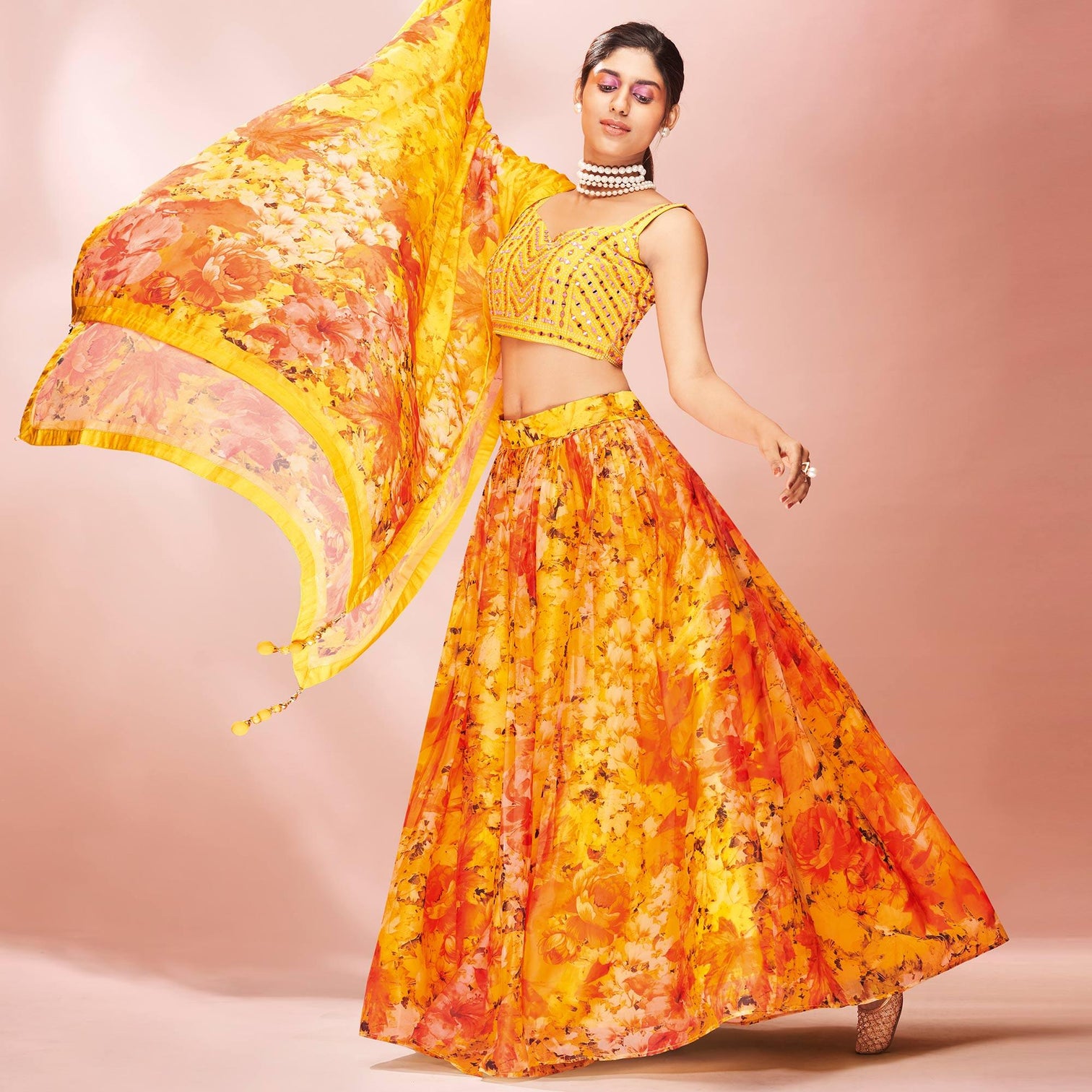Yellow Embellished With Printed Organza Lehenga Choli