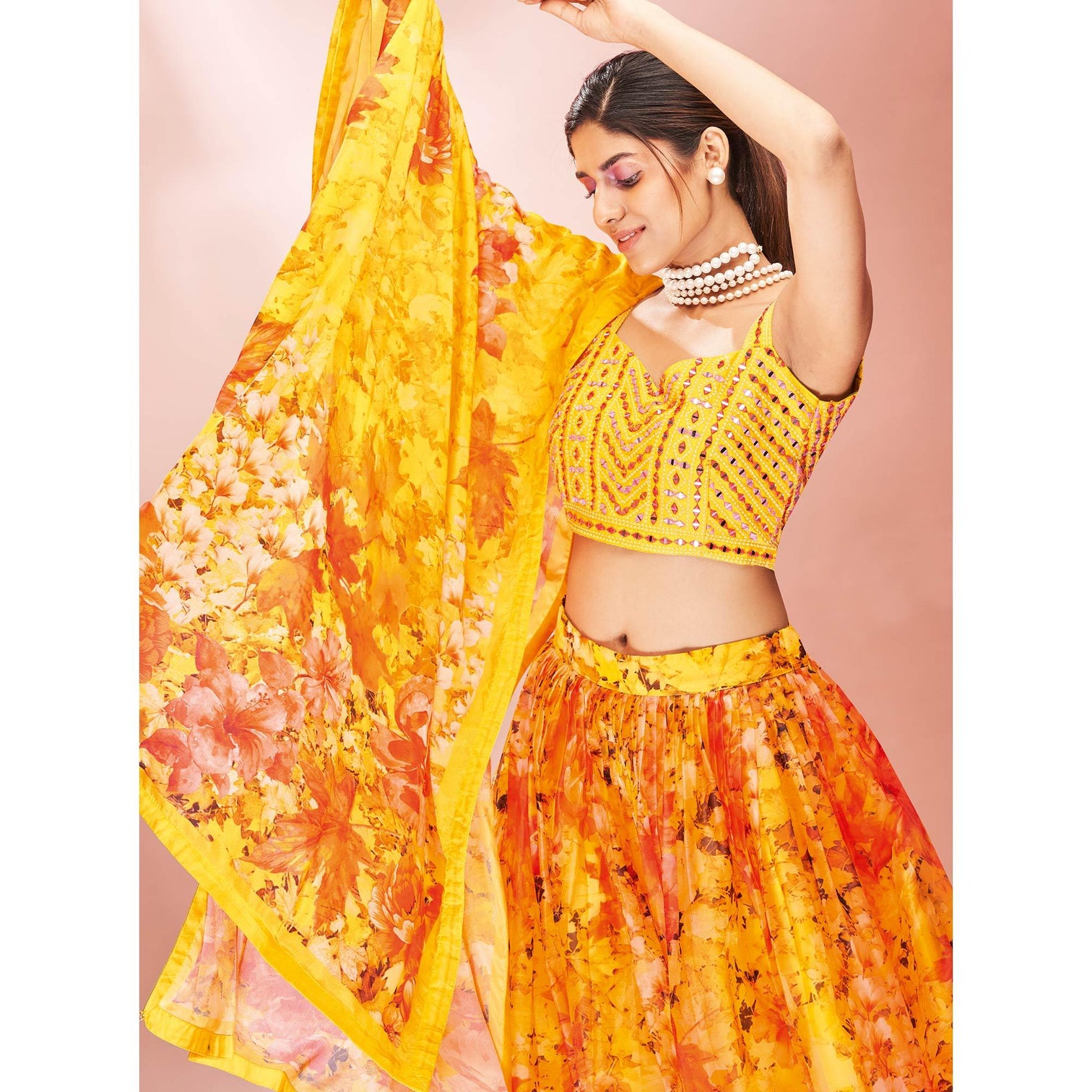 Yellow Embellished With Printed Organza Lehenga Choli