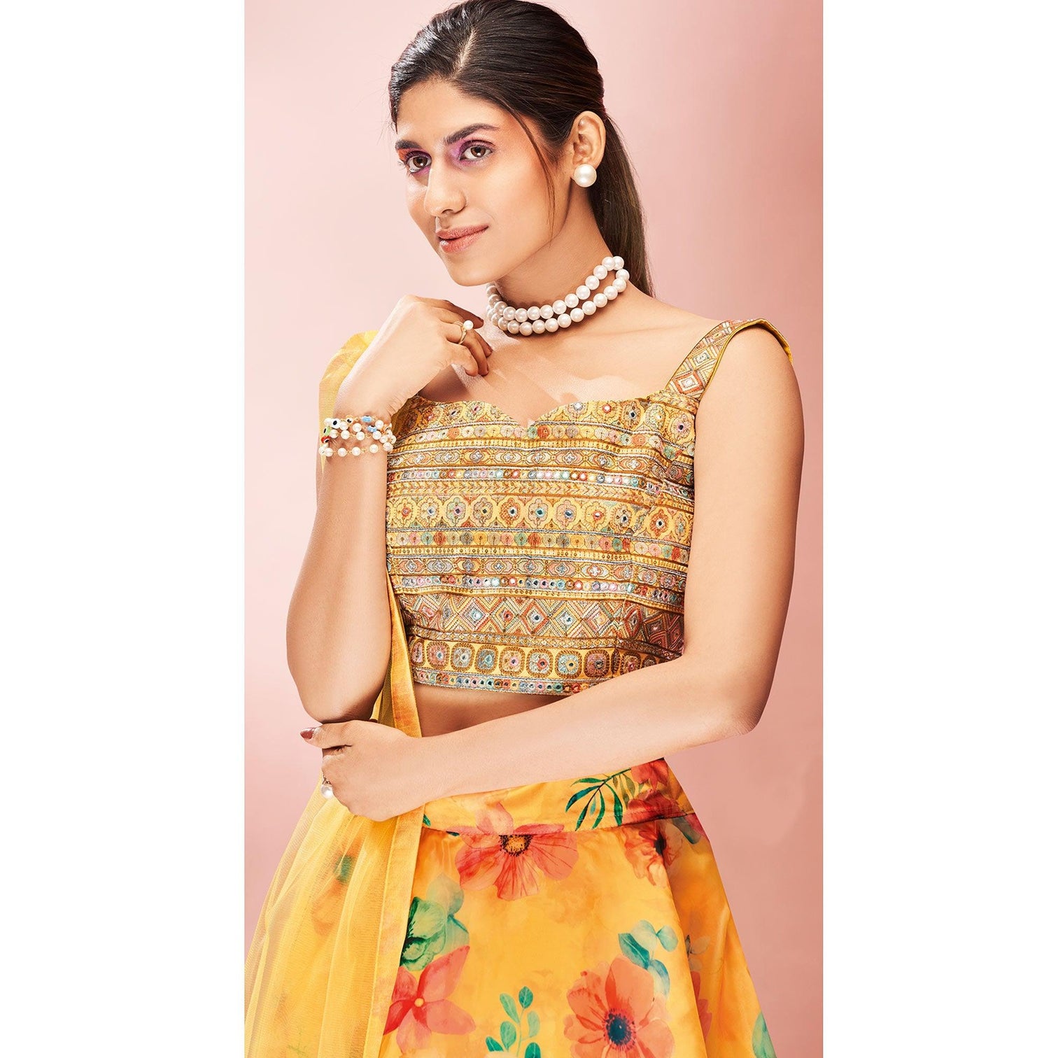Yellow Embellished With Printed Organza Lehenga Choli