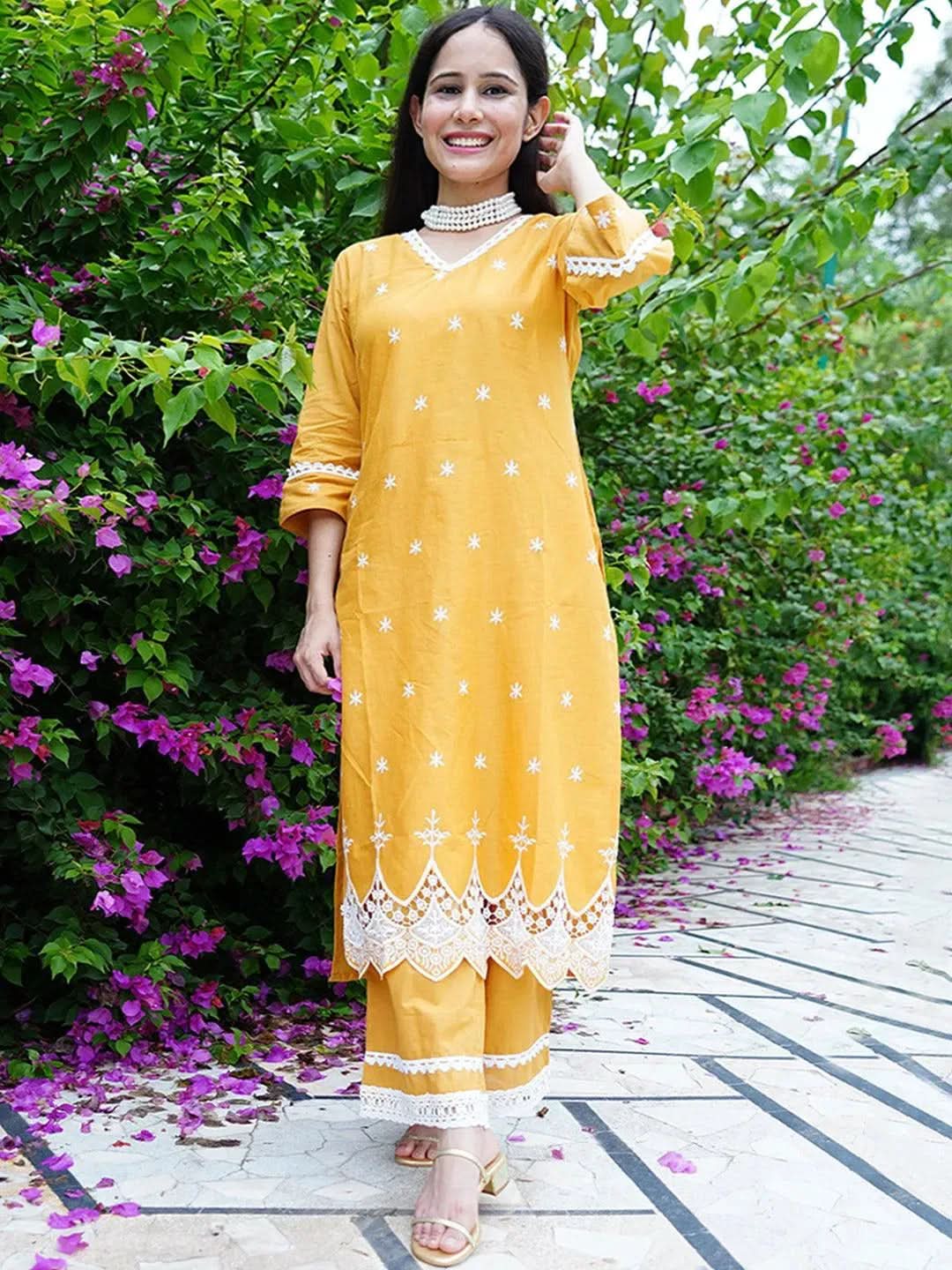 Libas Yellow Embroidered Cotton Kurta