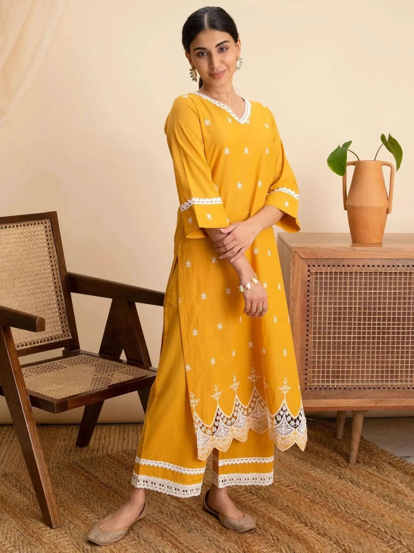 Libas Yellow Embroidered Cotton Kurta