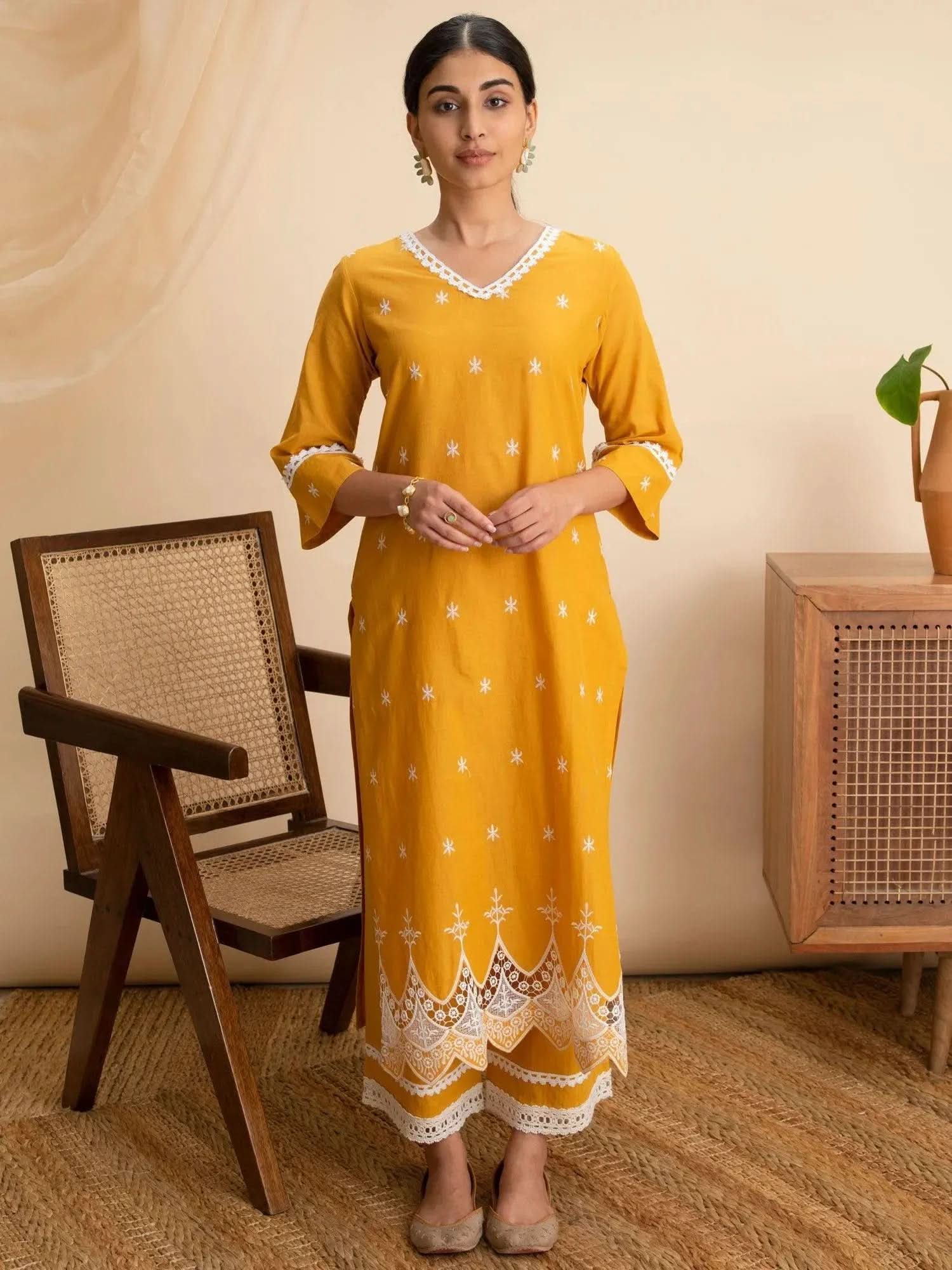 Libas Yellow Embroidered Cotton Kurta