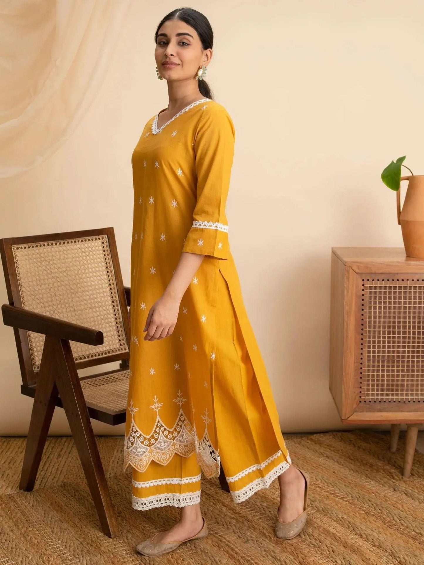 Libas Yellow Embroidered Cotton Kurta
