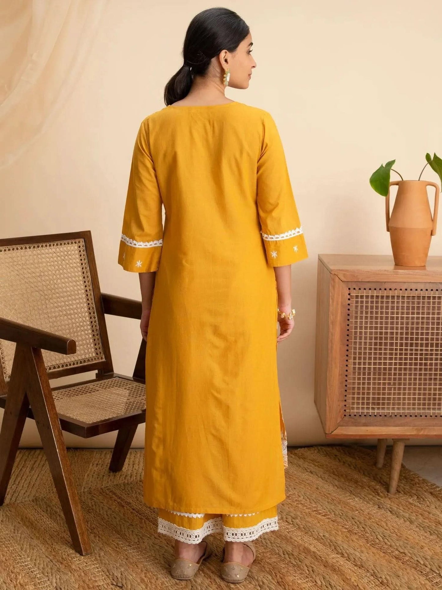 Libas Yellow Embroidered Cotton Kurta