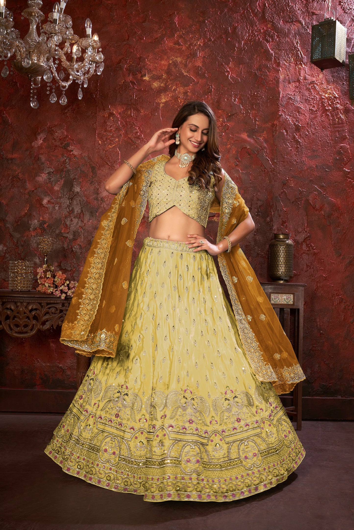 Yellow Embroidered Girlish Lehenga Choli Set