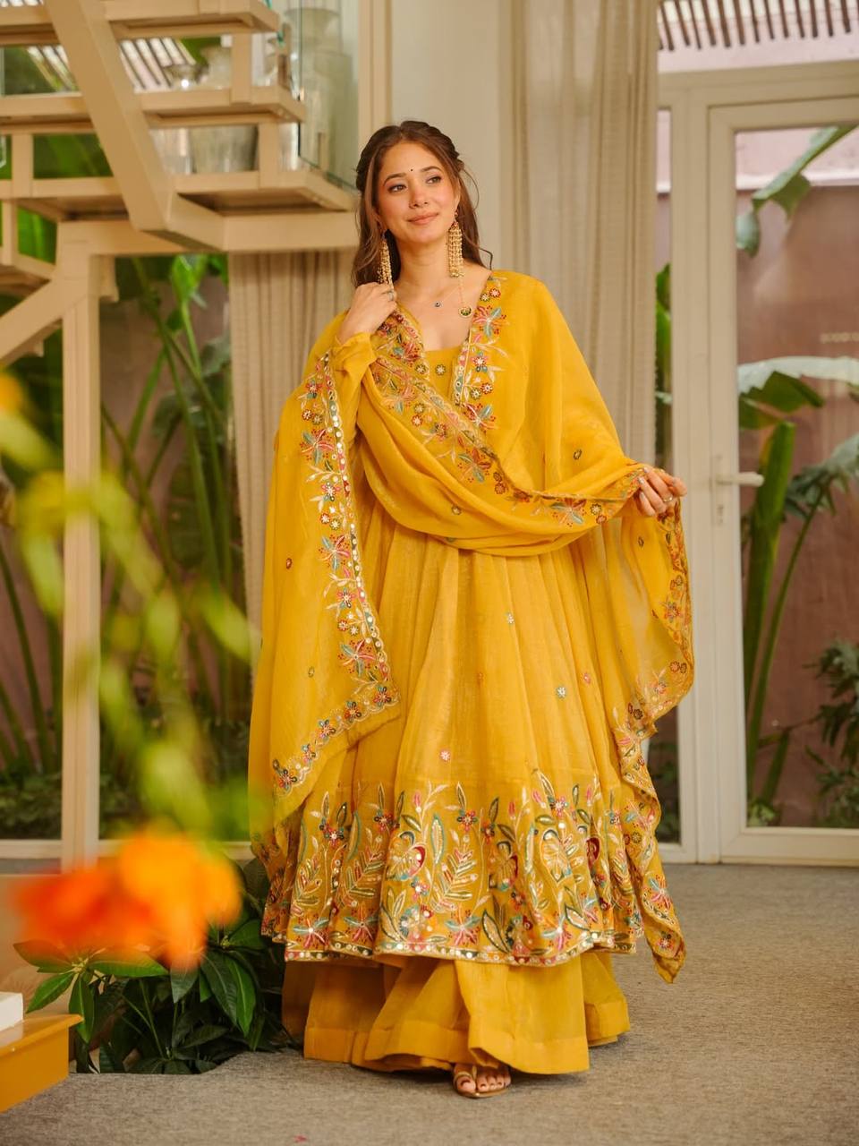 Yellow Embroidered Gown Sharara Set