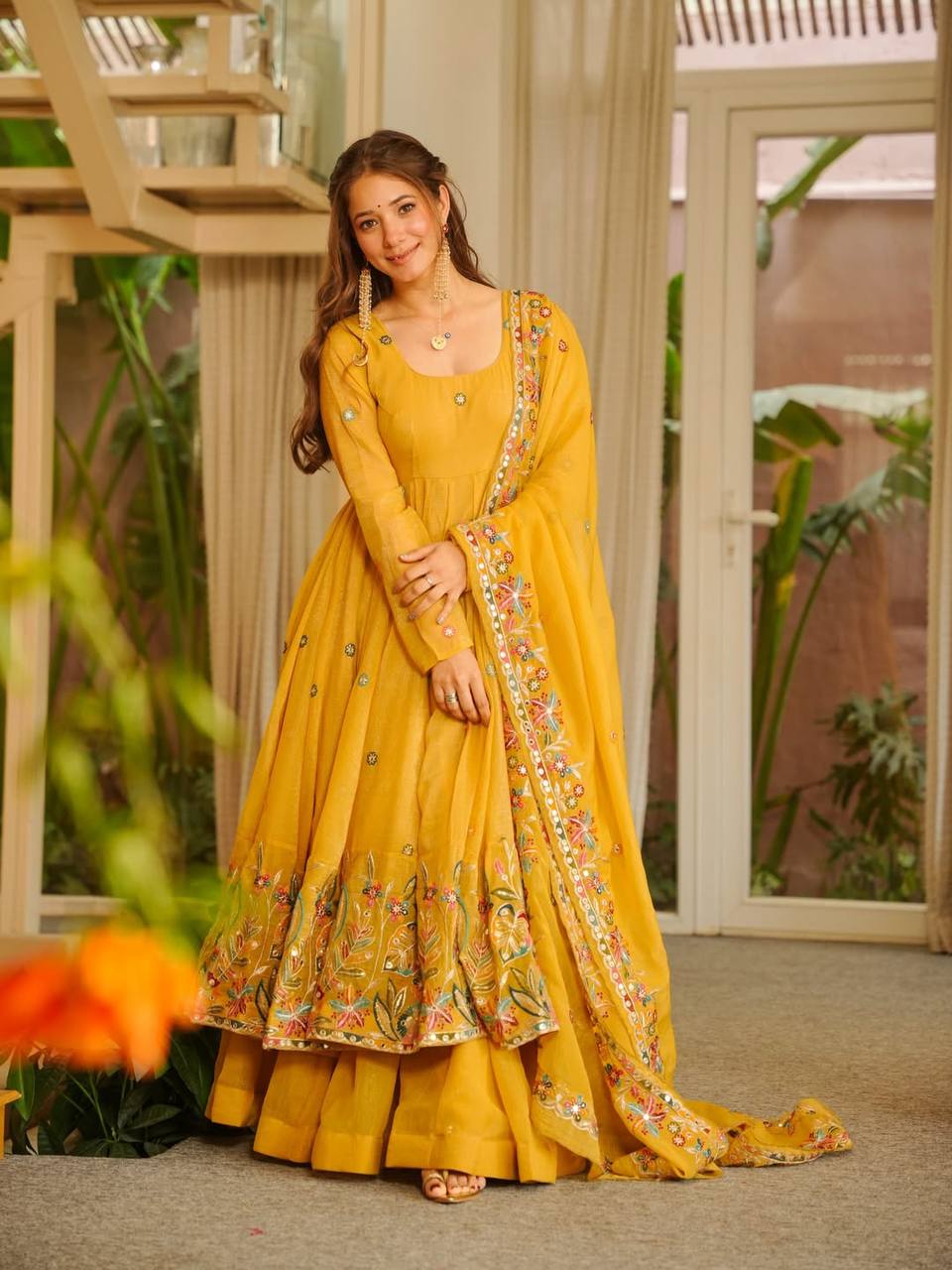 Yellow Embroidered Gown Sharara Set