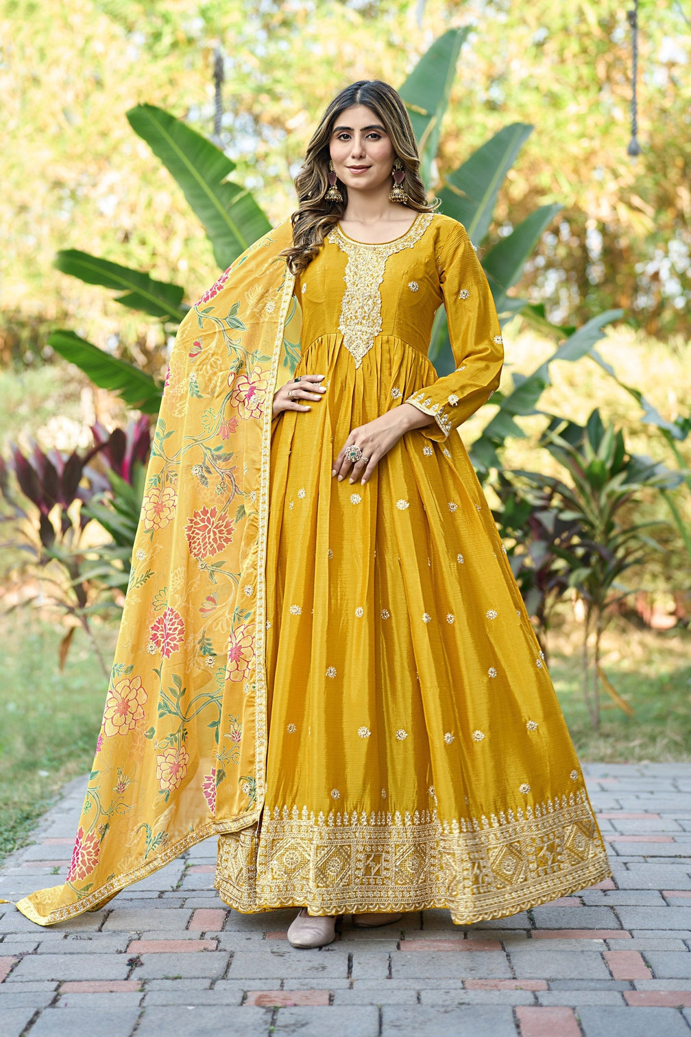 Yellow Embroidered Gown With Dupatta