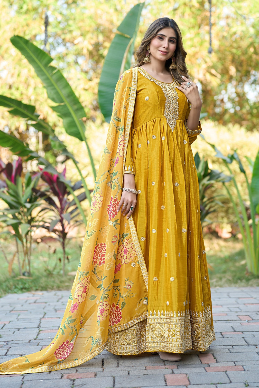 Yellow Embroidered Gown With Dupatta