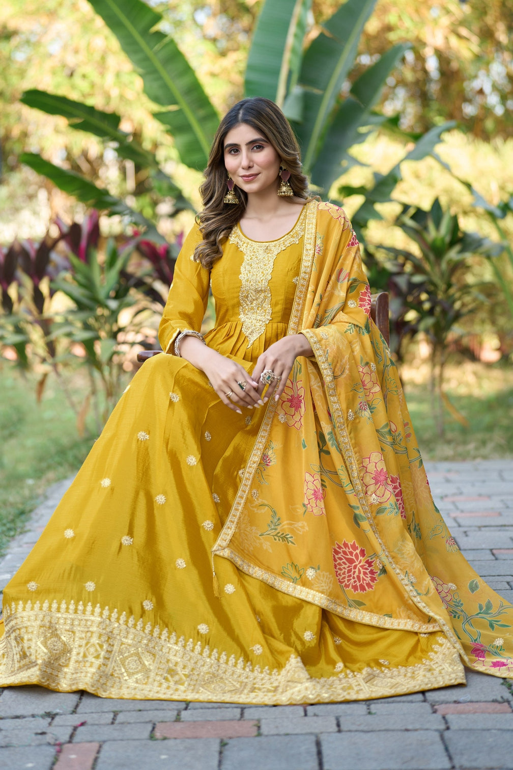 Yellow Embroidered Gown With Dupatta