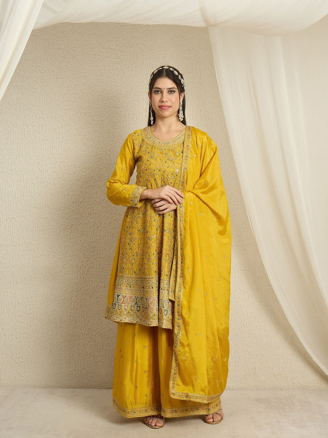 Yellow Embroidered Kurta Palazzo Set