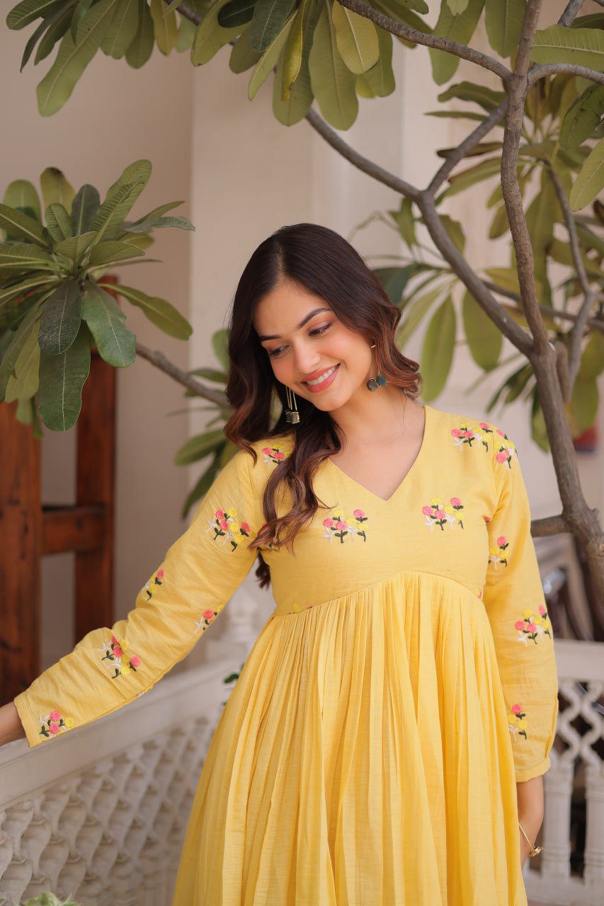 Yellow Embroidered Kurti Pant Set