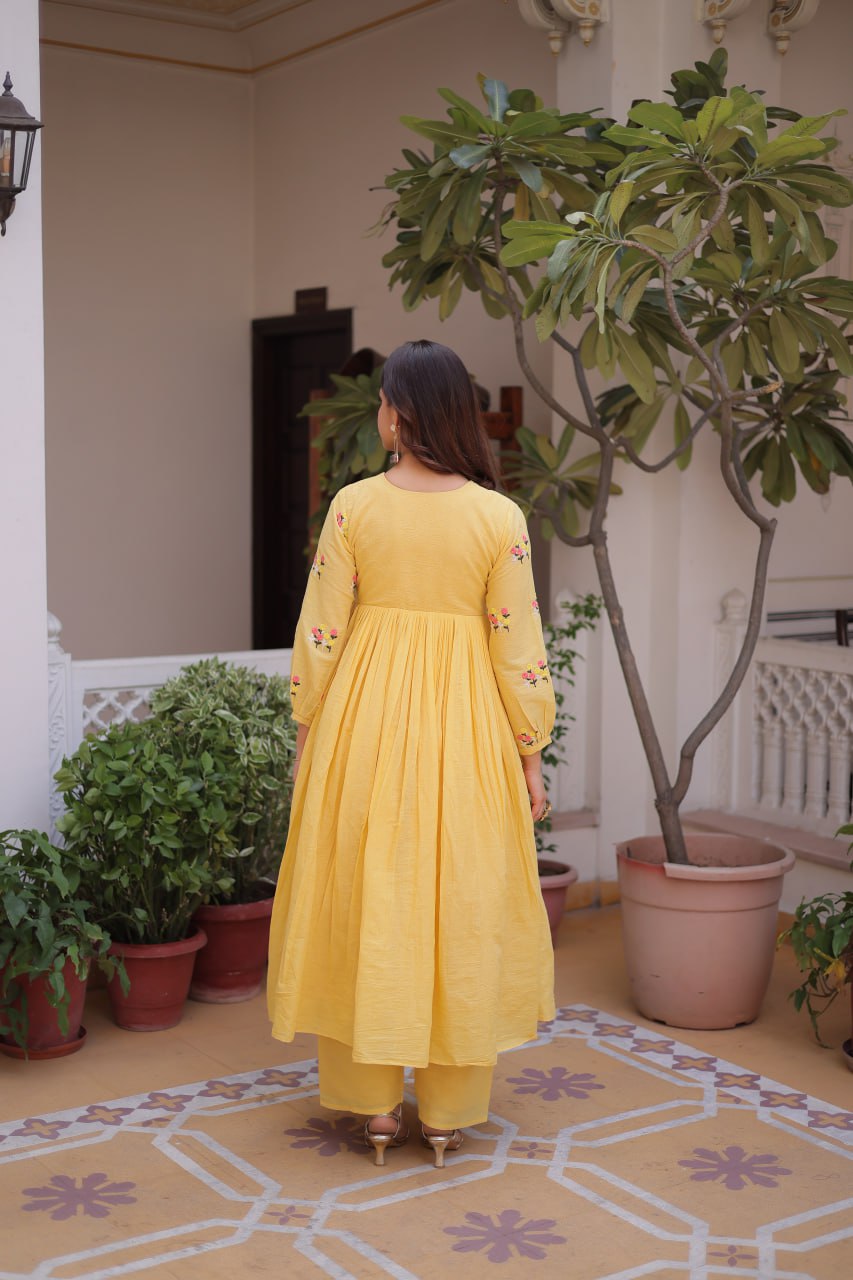 Yellow Embroidered Kurti Pant Set