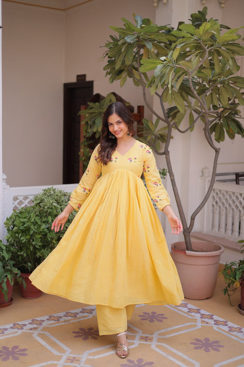 Yellow Embroidered Kurti Pant Set