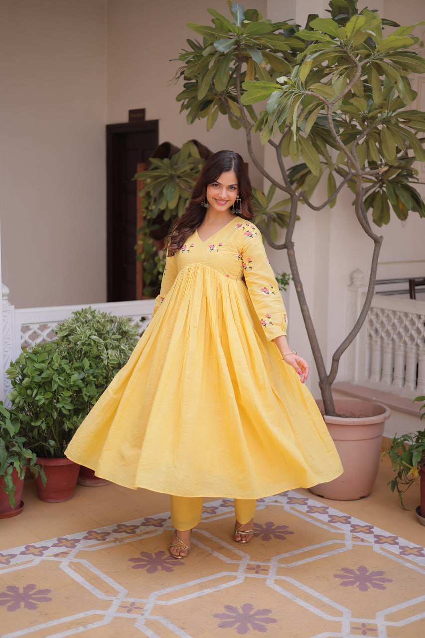 Yellow Embroidered Kurti Pant Set