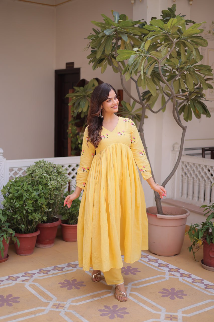 Yellow Embroidered Kurti Pant Set