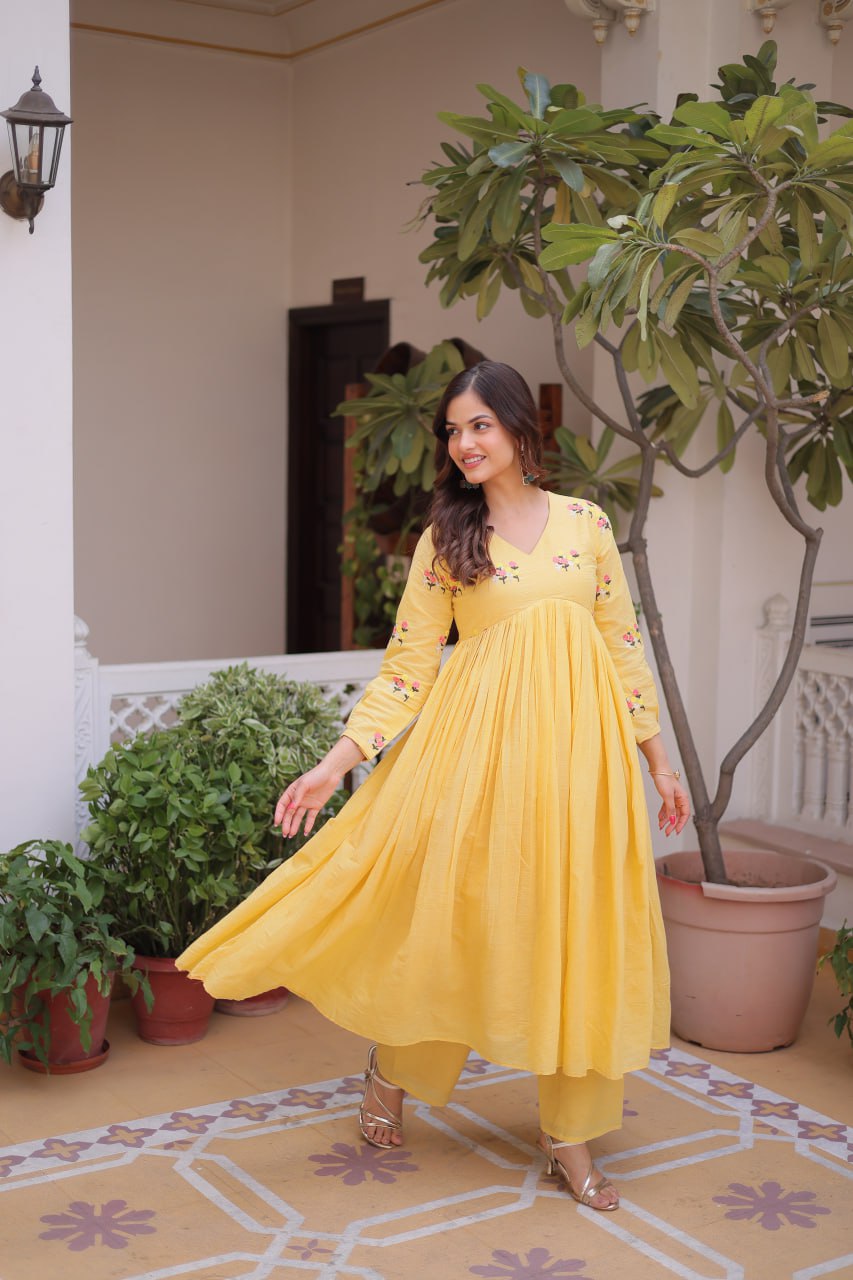 Yellow Embroidered Kurti Pant Set