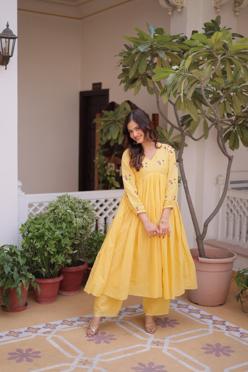 Yellow Embroidered Kurti Pant Set
