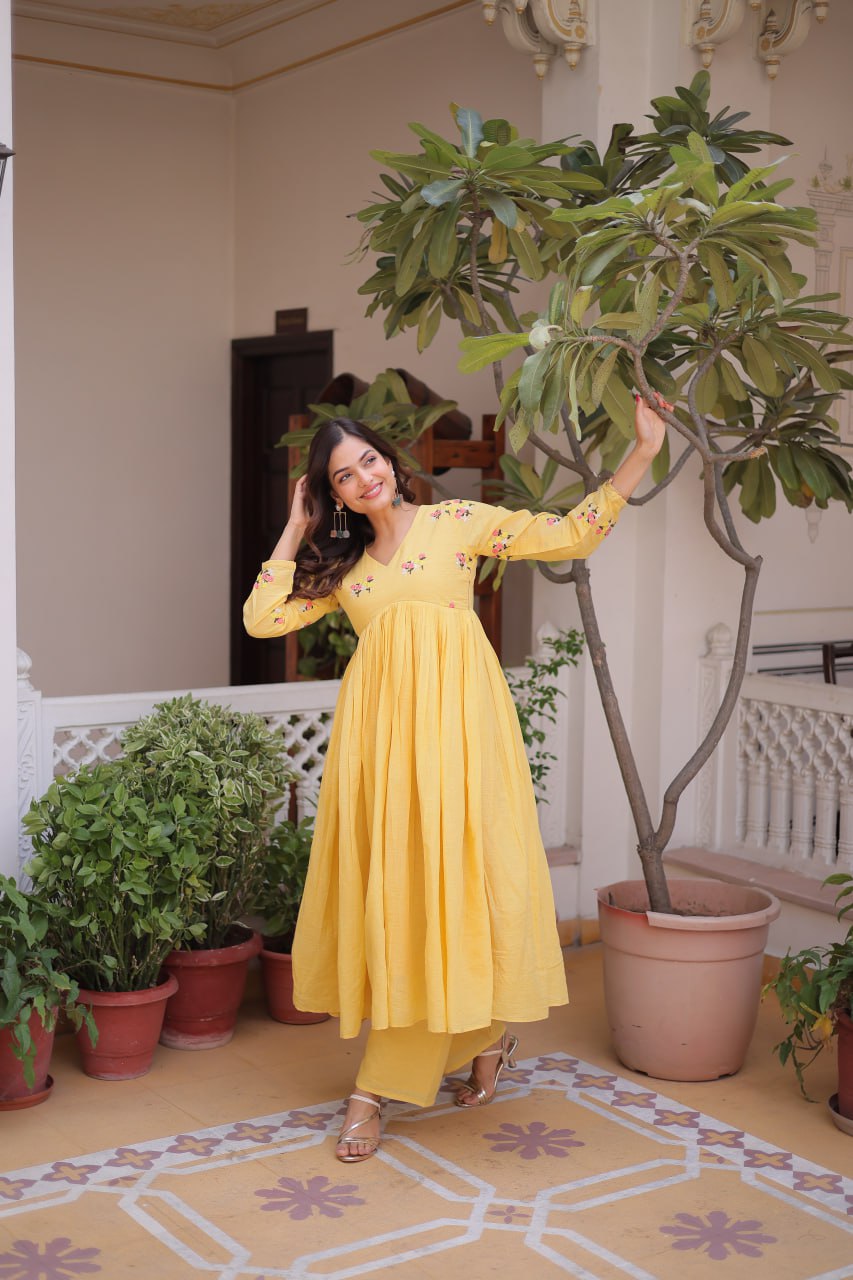 Yellow Embroidered Kurti Pant Set
