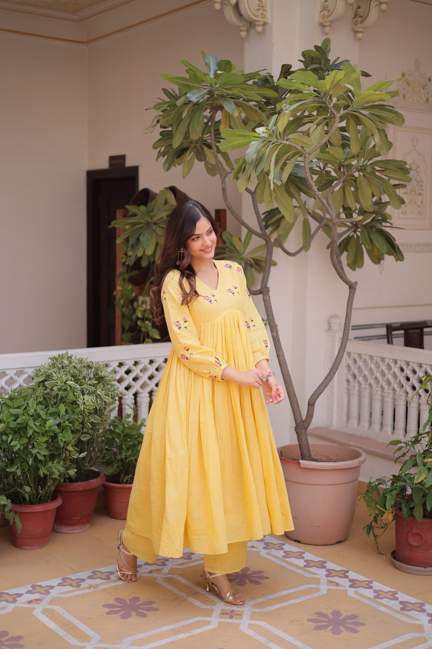 Yellow Embroidered Kurti Pant Set