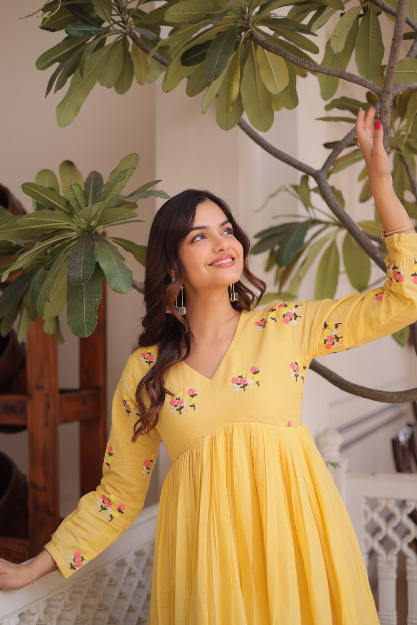 Yellow Embroidered Kurti Pant Set
