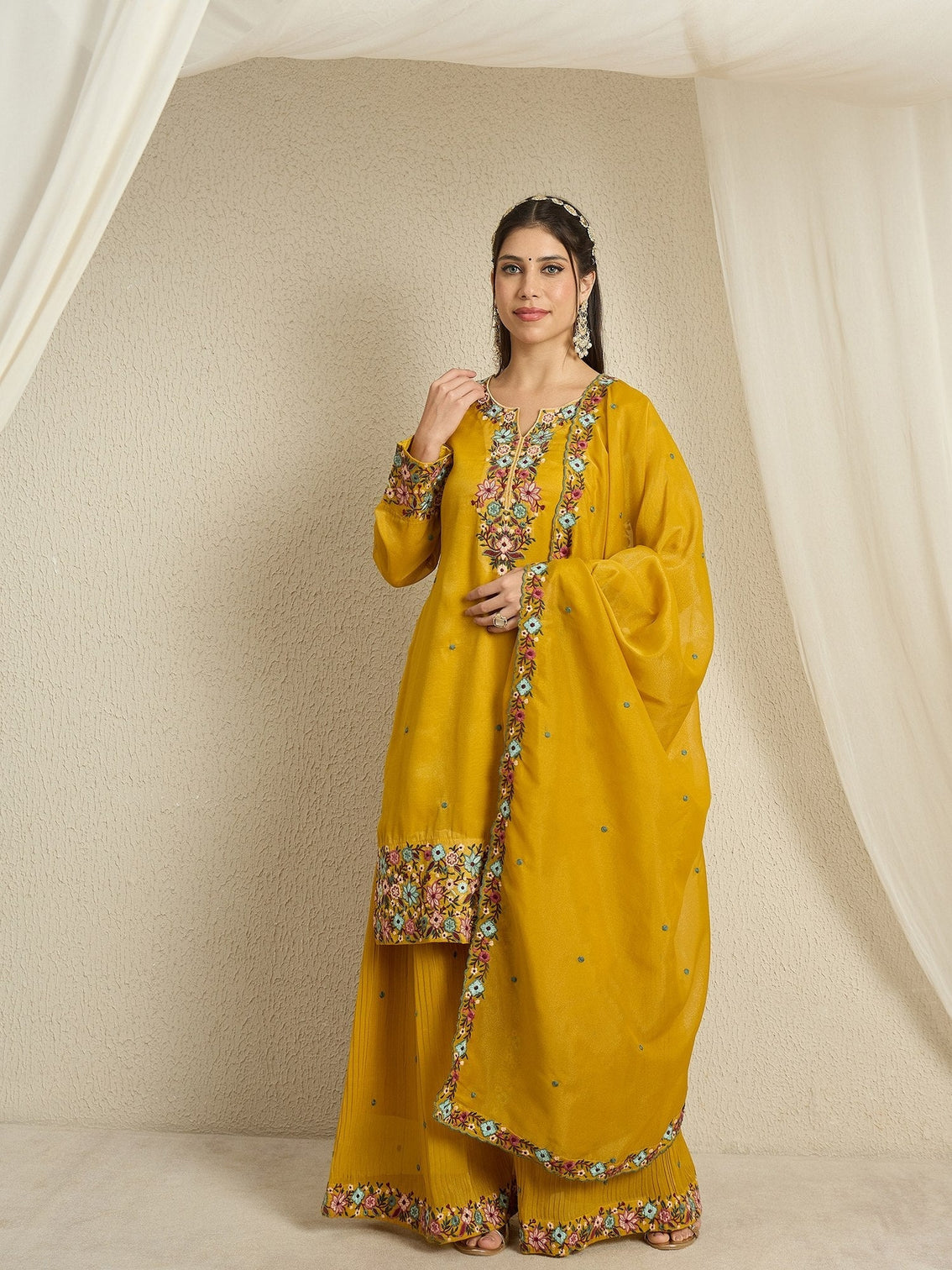 Yellow Embroidered Organza Palazzo Set