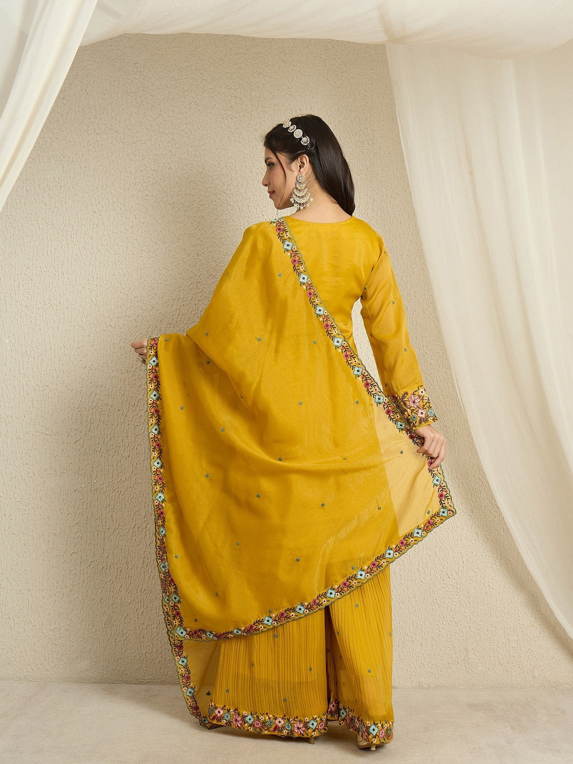 Yellow Embroidered Organza Palazzo Set