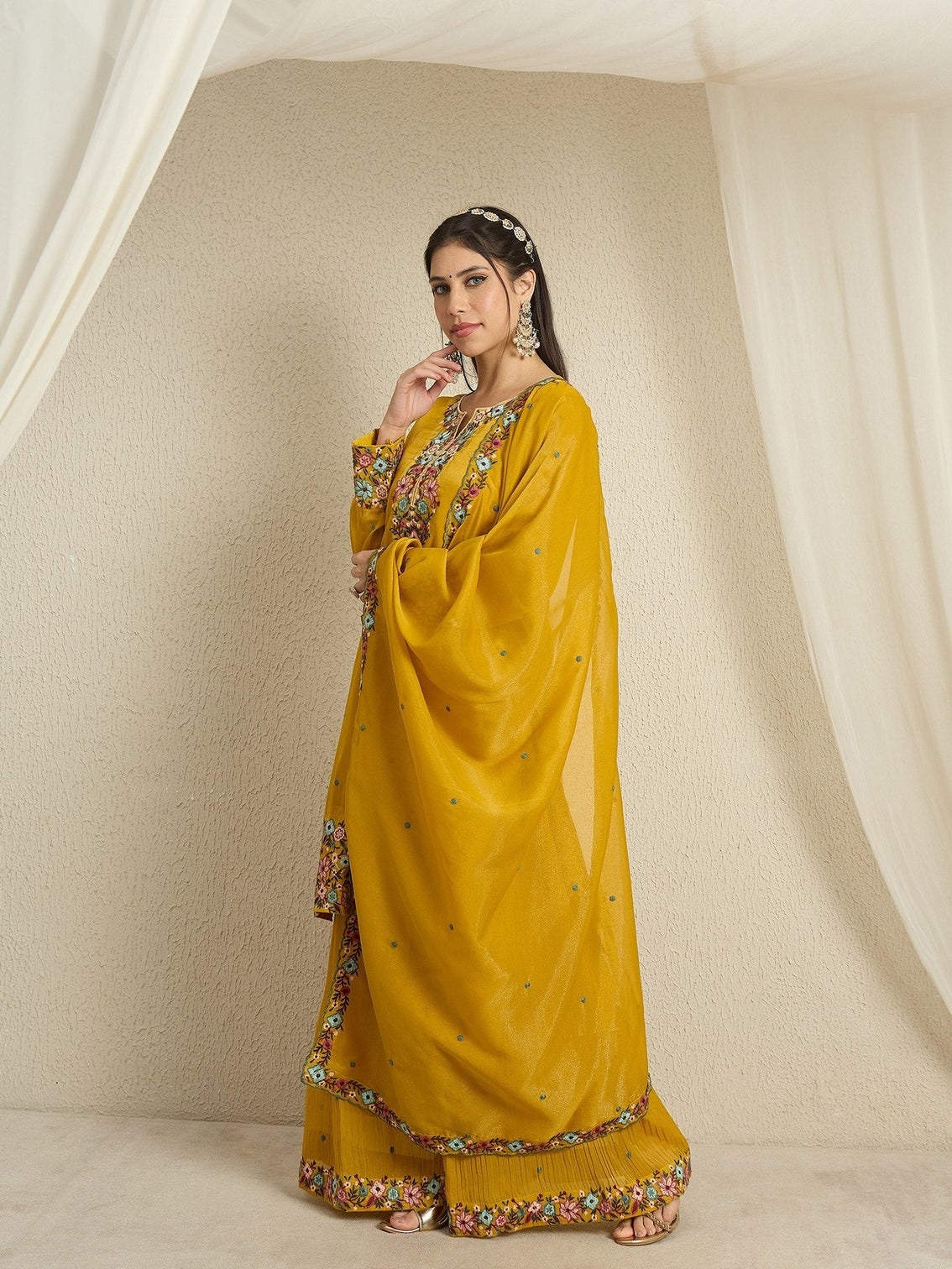 Yellow Embroidered Organza Palazzo Set