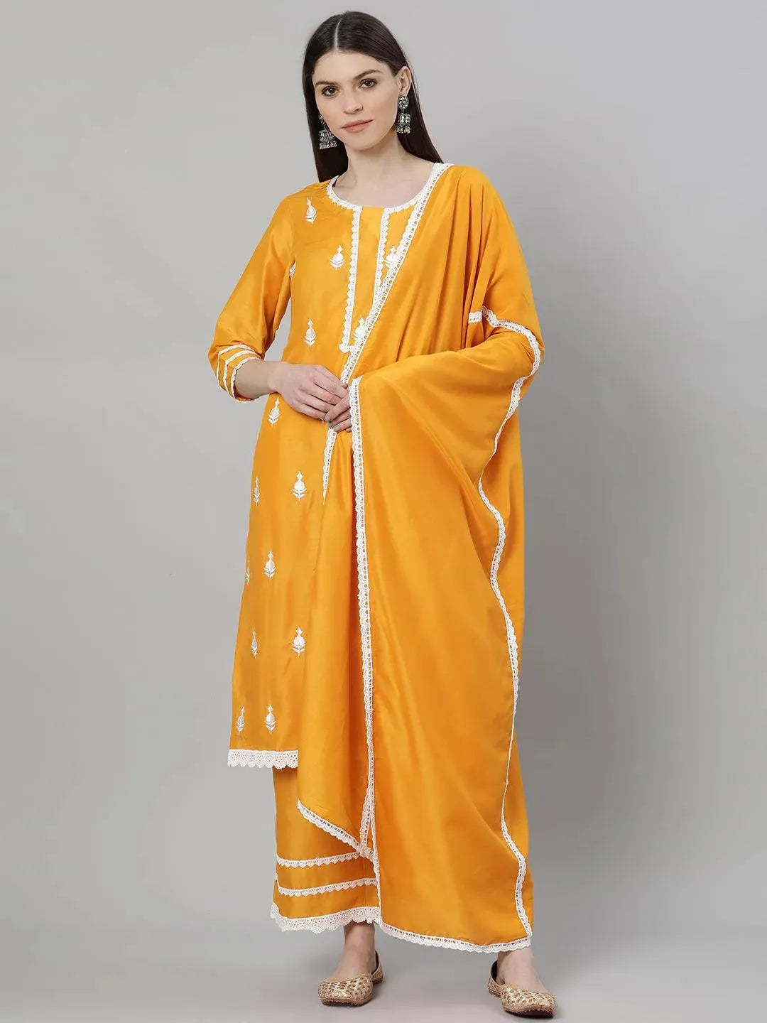 Mameraa Yellow Embroidered Shantoon Straight Kurta With Palazzos & Dupatta