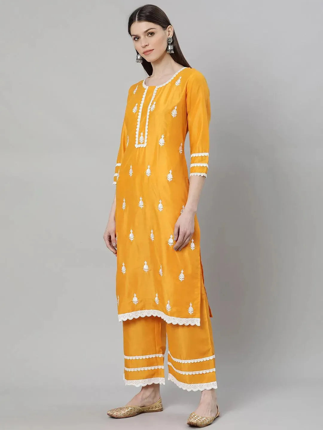 Mameraa Yellow Embroidered Shantoon Straight Kurta With Palazzos & Dupatta
