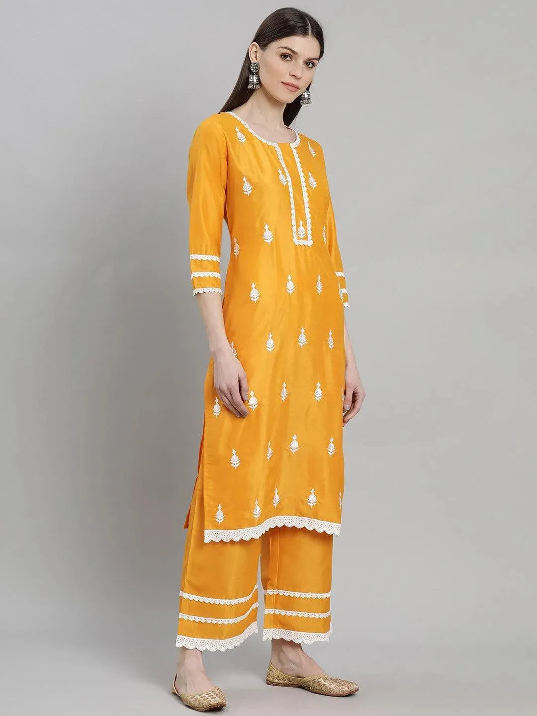Mameraa Yellow Embroidered Shantoon Straight Kurta With Palazzos & Dupatta