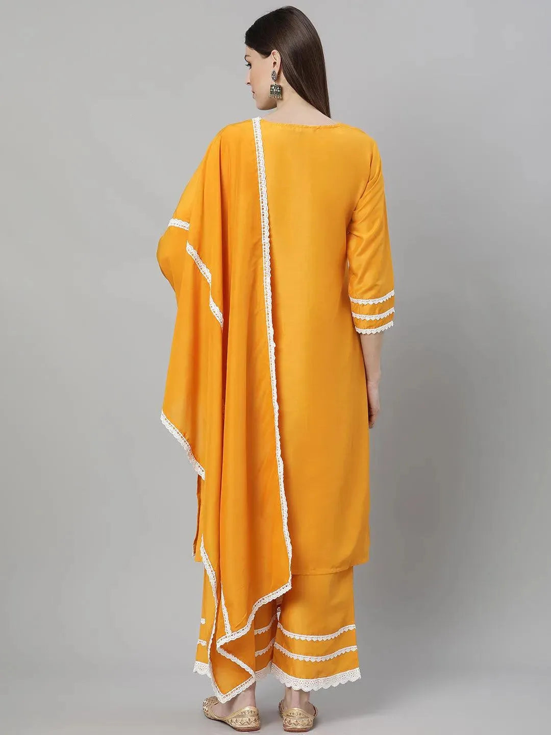 Mameraa Yellow Embroidered Shantoon Straight Kurta With Palazzos & Dupatta