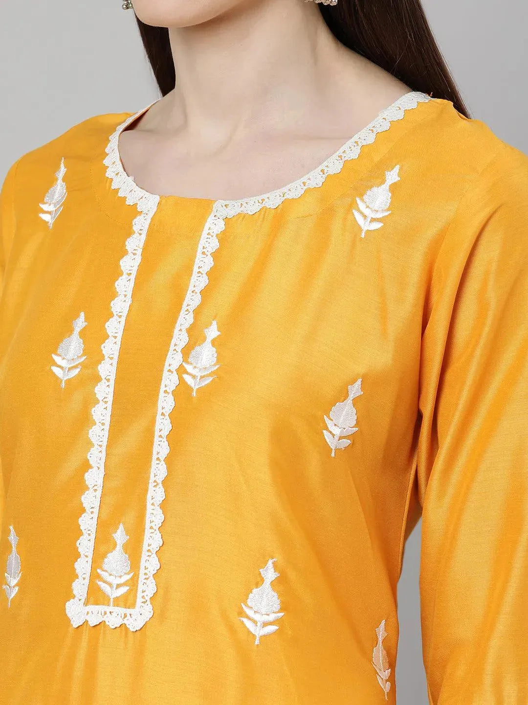 Mameraa Yellow Embroidered Shantoon Straight Kurta With Palazzos & Dupatta