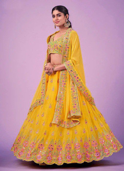 Yellow Exquisite Faux Georgette Semi-Stitched Lehenga with Real Mirror & Zari Sequins Embroidery Work