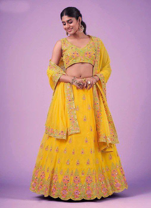Yellow Exquisite Faux Georgette Semi-Stitched Lehenga with Real Mirror & Zari Sequins Embroidery Work