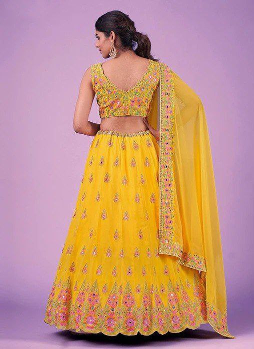Yellow Exquisite Faux Georgette Semi-Stitched Lehenga with Real Mirror & Zari Sequins Embroidery Work