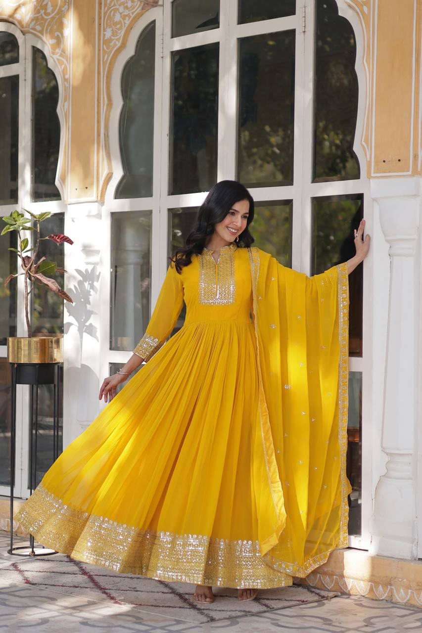 Yellow Faux Blooming Georgette Gown with Dupatta