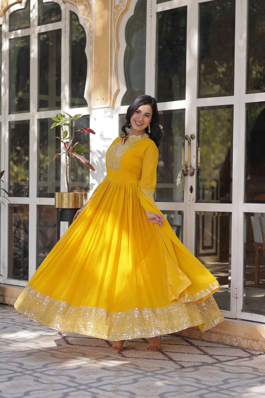 Yellow Faux Blooming Georgette Gown with Dupatta