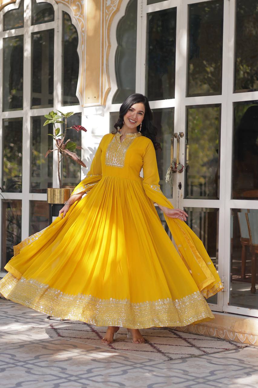 Yellow Faux Blooming Georgette Gown with Dupatta