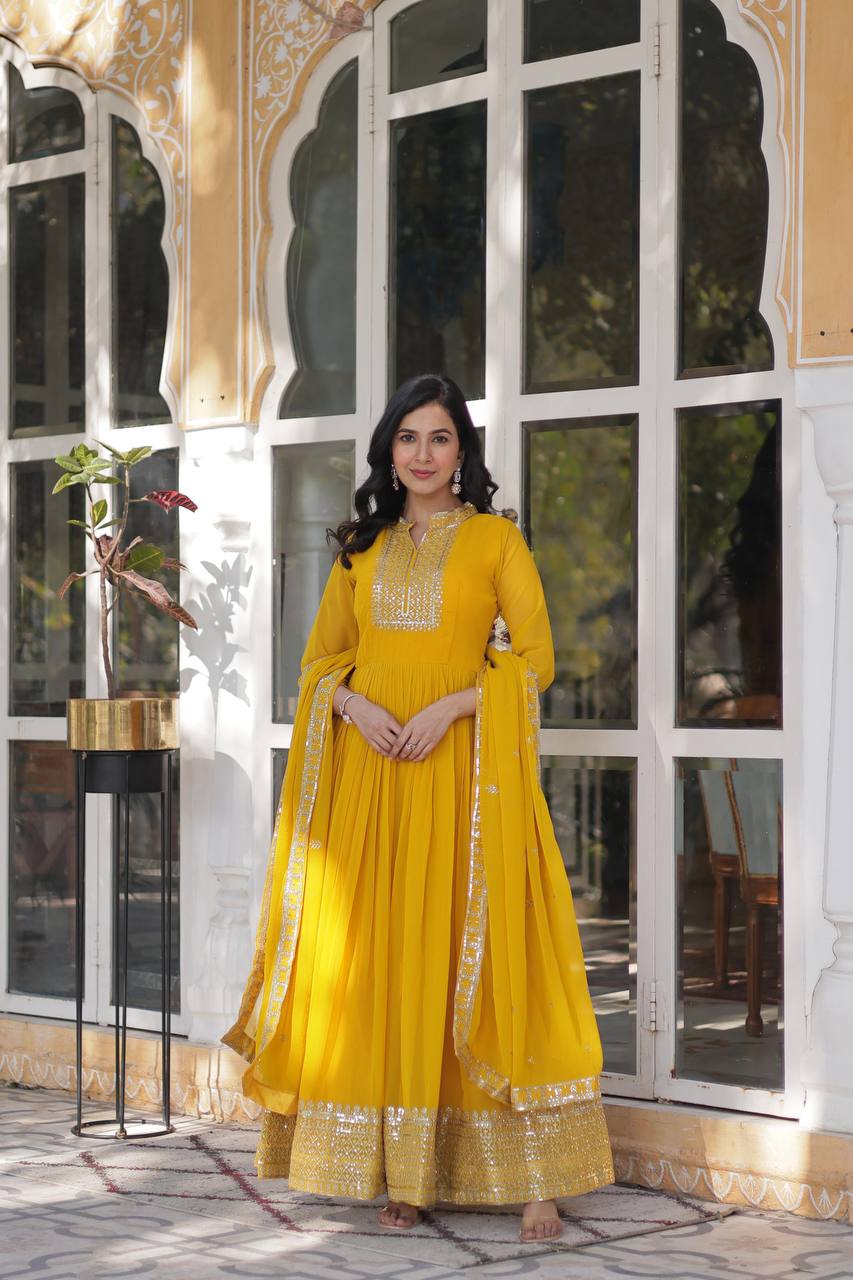 Yellow Faux Blooming Georgette Gown with Dupatta