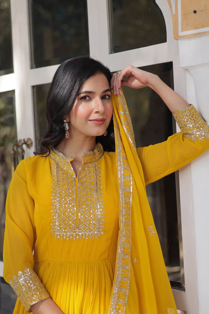 Yellow Faux Blooming Georgette Gown with Dupatta