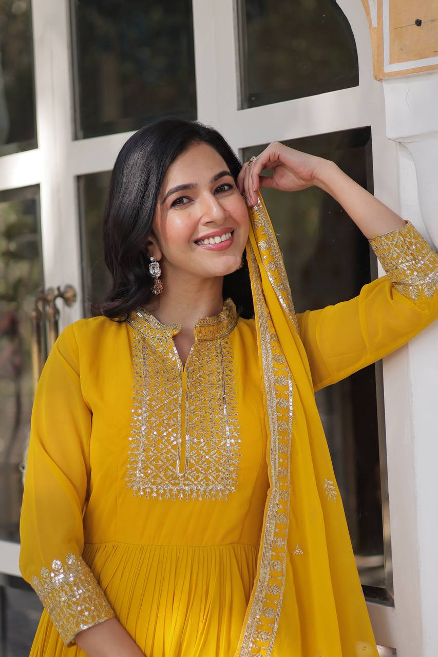 Yellow Faux Blooming Georgette Gown with Dupatta