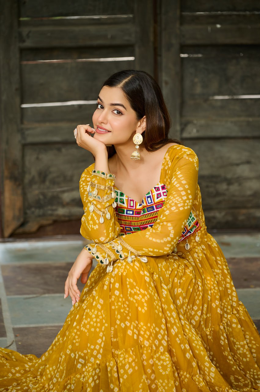 Yellow Faux Georgette Bandhani Print Gown with Kutchi Patchwork – Full Sleeves, 12 Meter Flair, Cotton Lining