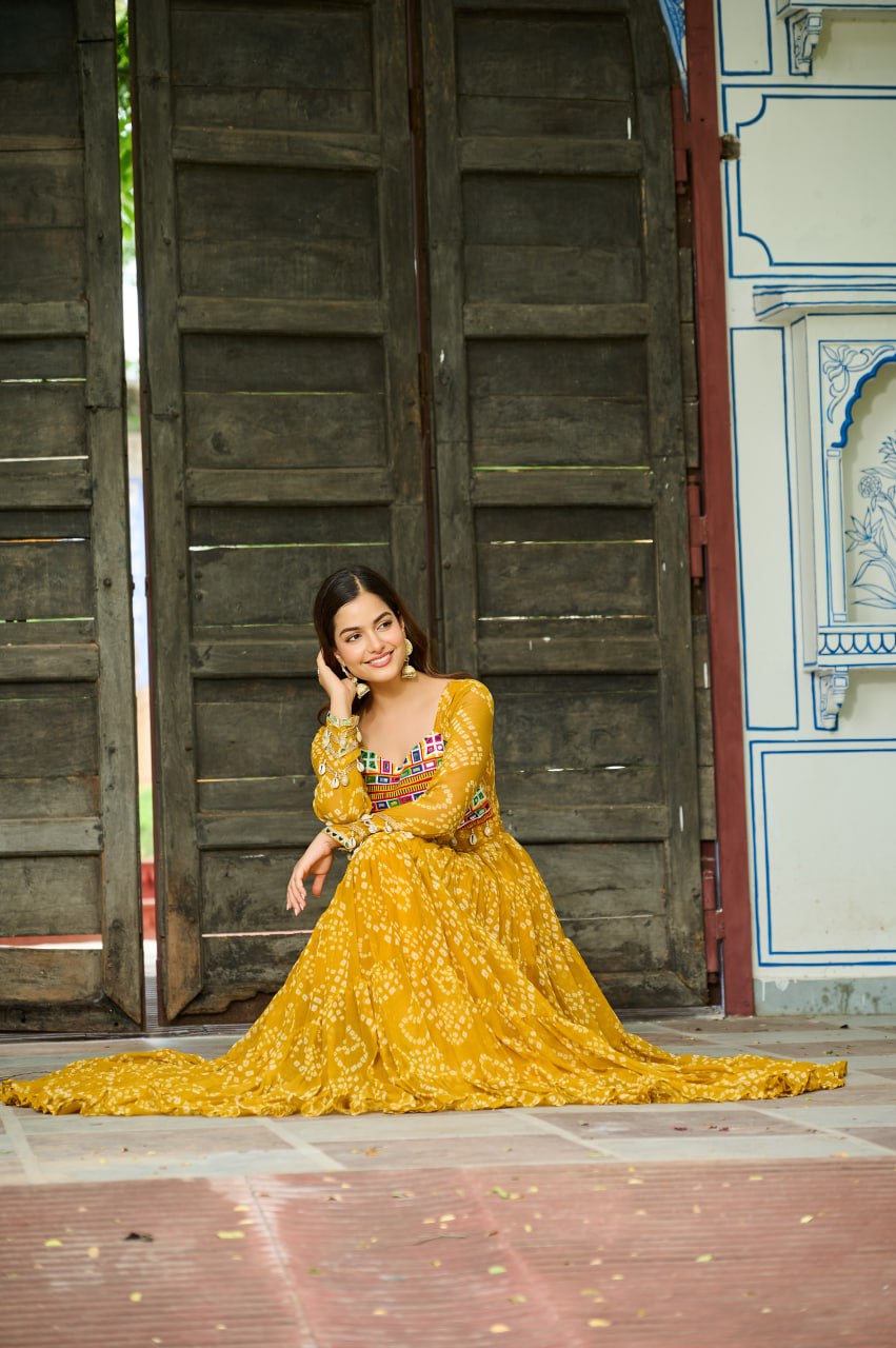 Yellow Faux Georgette Bandhani Print Gown with Kutchi Patchwork – Full Sleeves, 12 Meter Flair, Cotton Lining