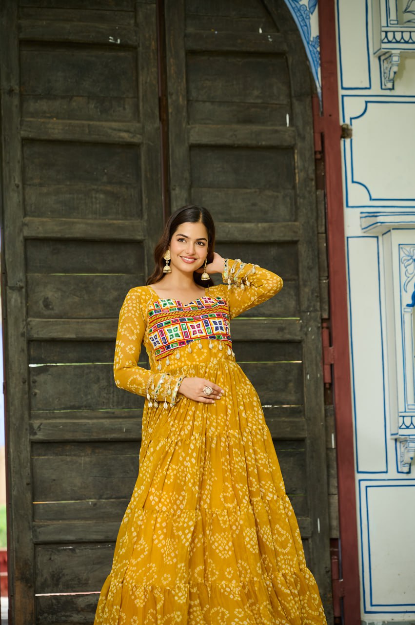 Yellow Faux Georgette Bandhani Print Gown with Kutchi Patchwork – Full Sleeves, 12 Meter Flair, Cotton Lining